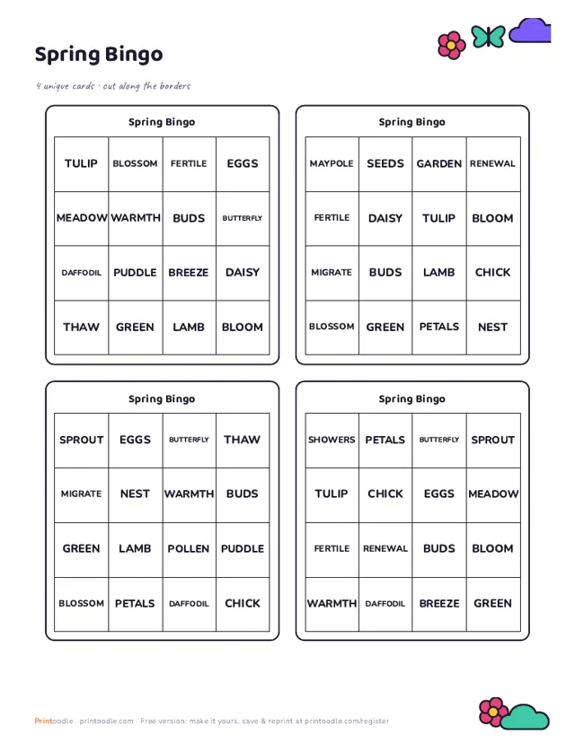Spring Bingo Cards sample page