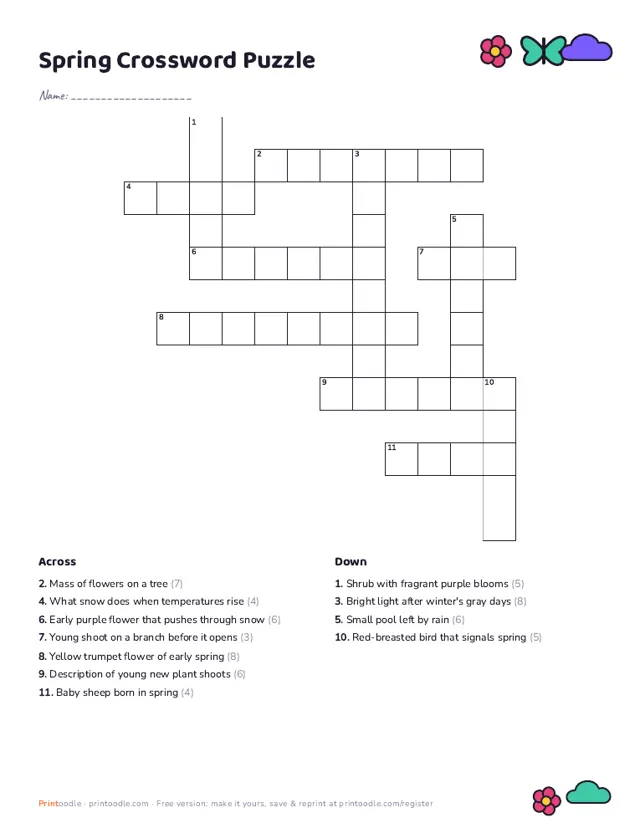 Spring Crossword Puzzle sample page