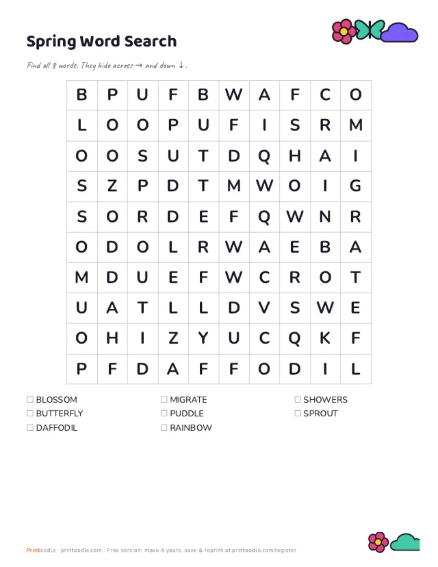 Spring Word Search sample page