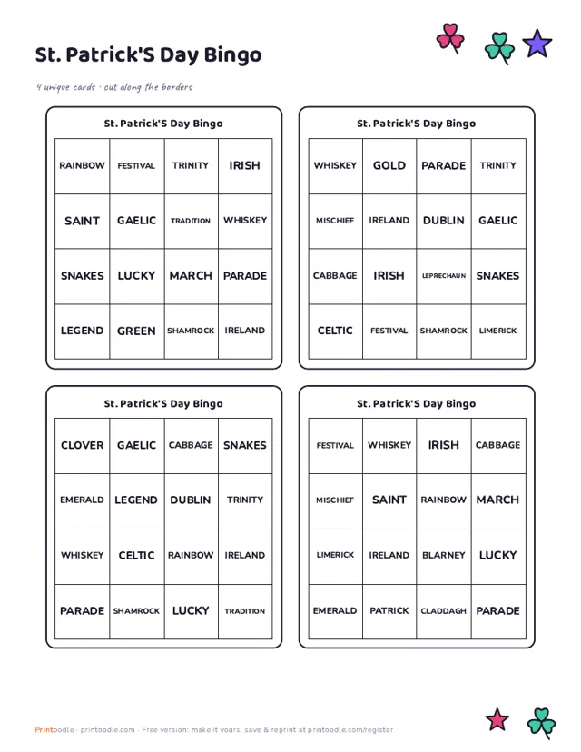 St. Patrick's Day Bingo Cards sample page