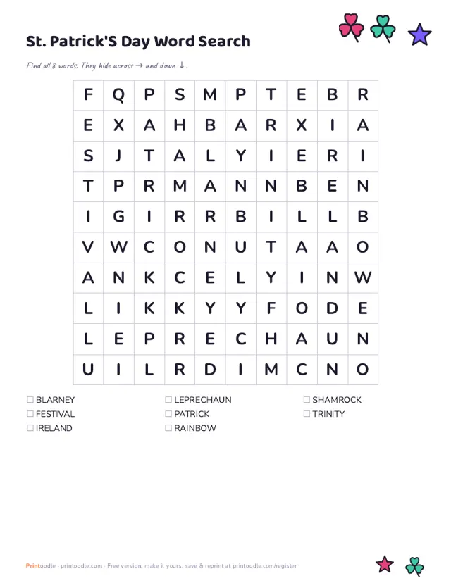 St. Patrick's Day Word Search sample page
