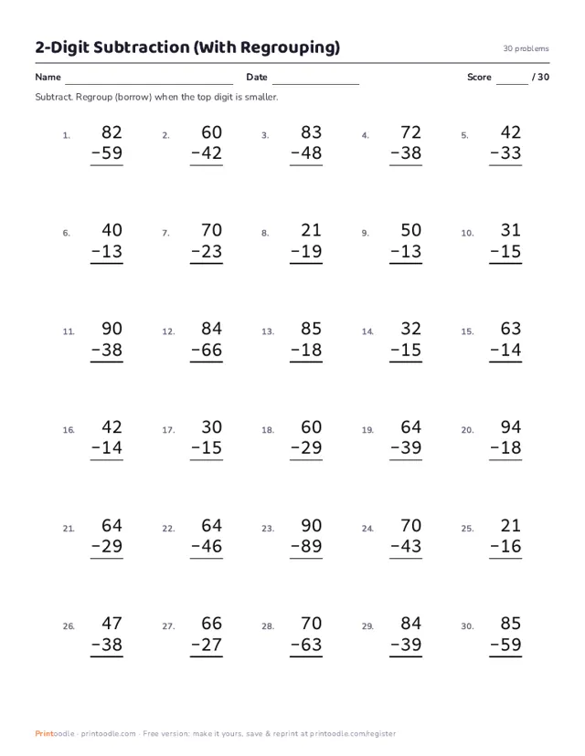 Subtraction Worksheets printable sample