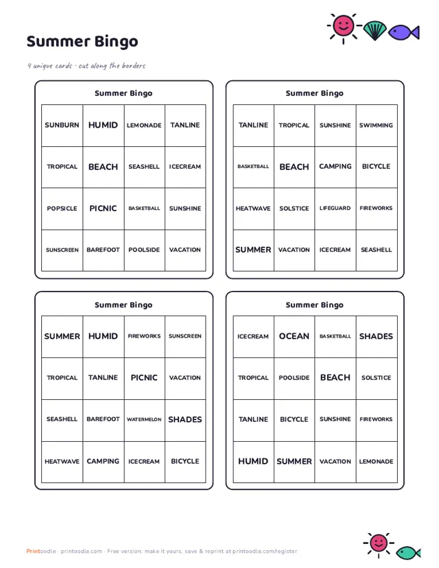 Summer Bingo Cards sample page
