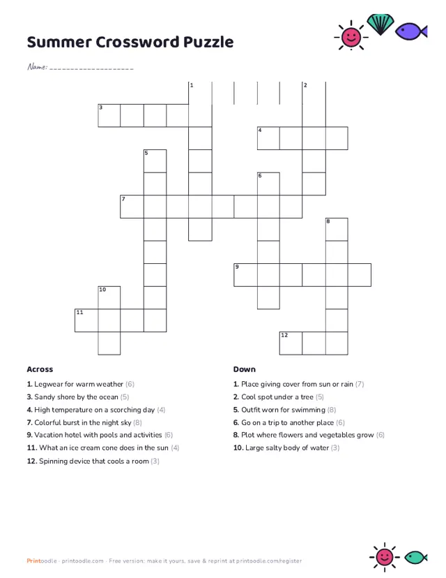 Summer Crossword Puzzle sample page