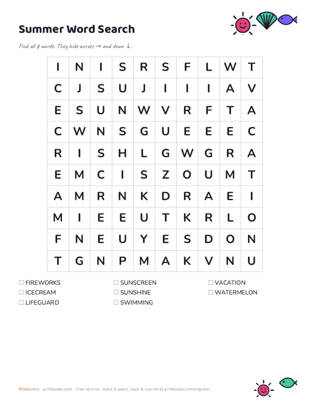 Summer Word Search sample page