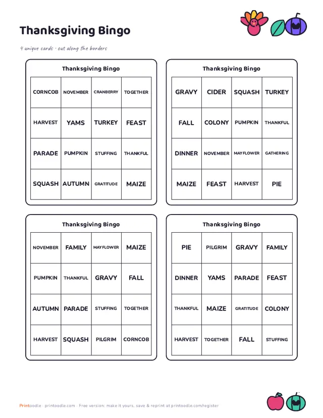 Thanksgiving Bingo Cards sample page
