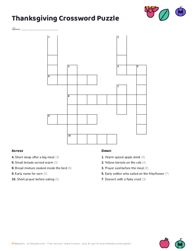 Thanksgiving Crossword sample page