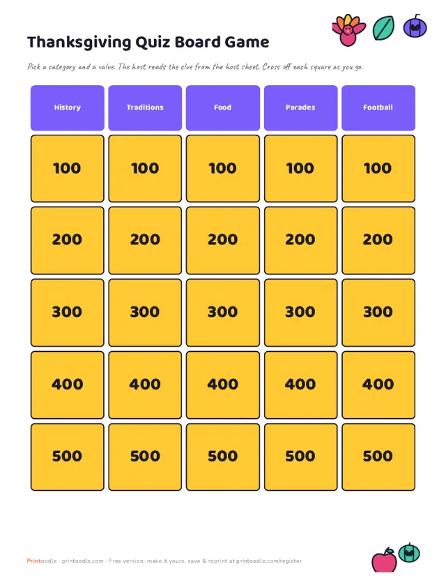 Thanksgiving Trivia Board Game sample page