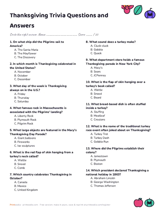 Thanksgiving Trivia sample page