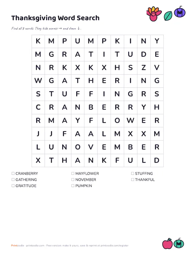 Thanksgiving Word Search sample page