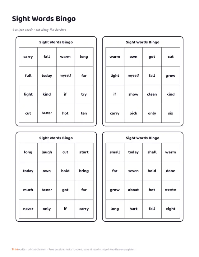 Third Grade Sight Word Bingo printable sample