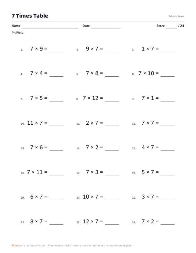 Times Tables Worksheets printable sample