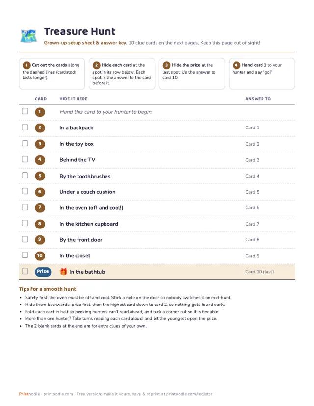 Treasure Hunt Clues printable sample