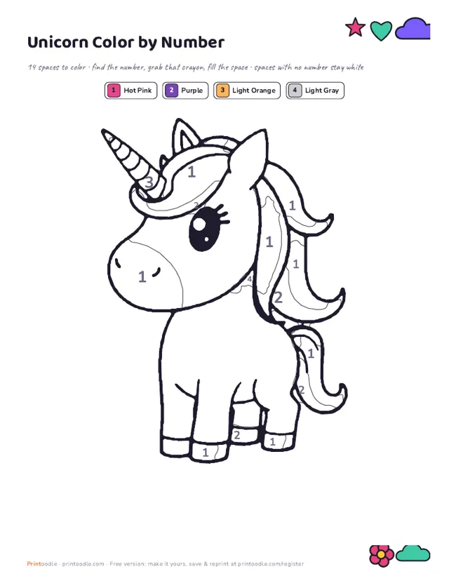 Unicorn Color by Number printable sample