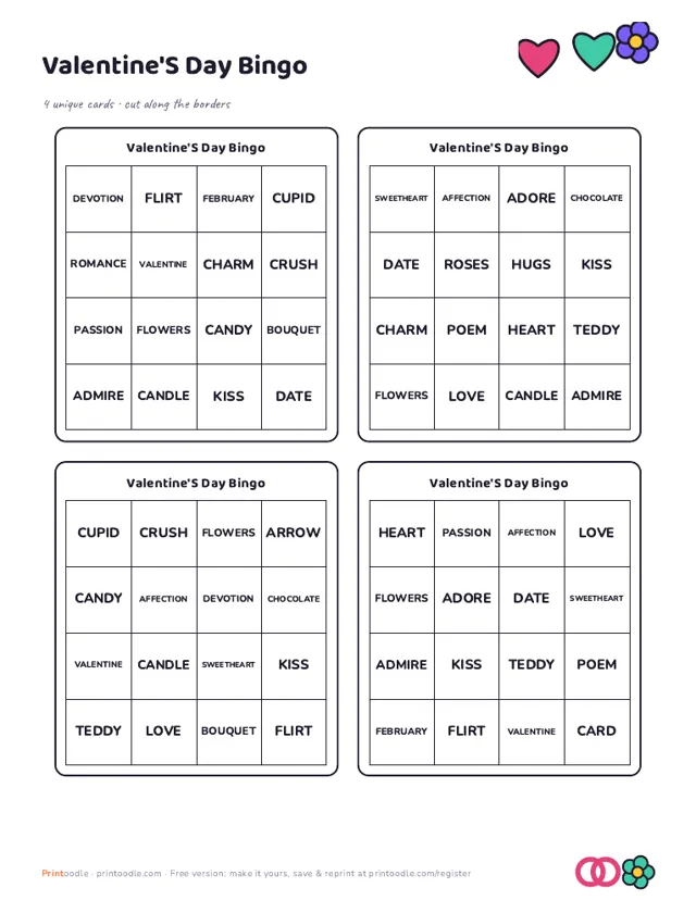 Valentine's Day Bingo Cards sample page