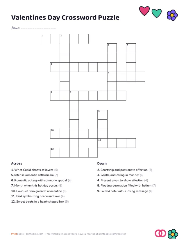 Valentine's Day Crossword Puzzle sample page