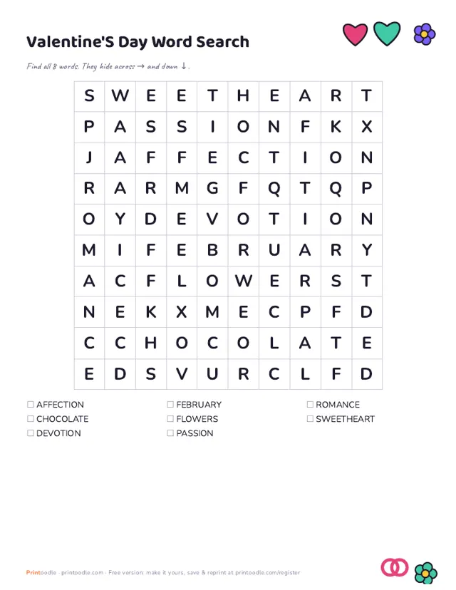 Valentine's Day Word Search sample page