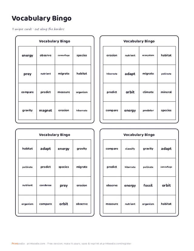 Vocabulary Bingo Generator printable sample