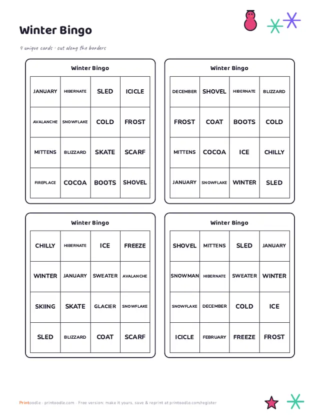 Winter Bingo Cards sample page