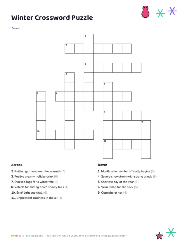 Winter Crossword Puzzle sample page