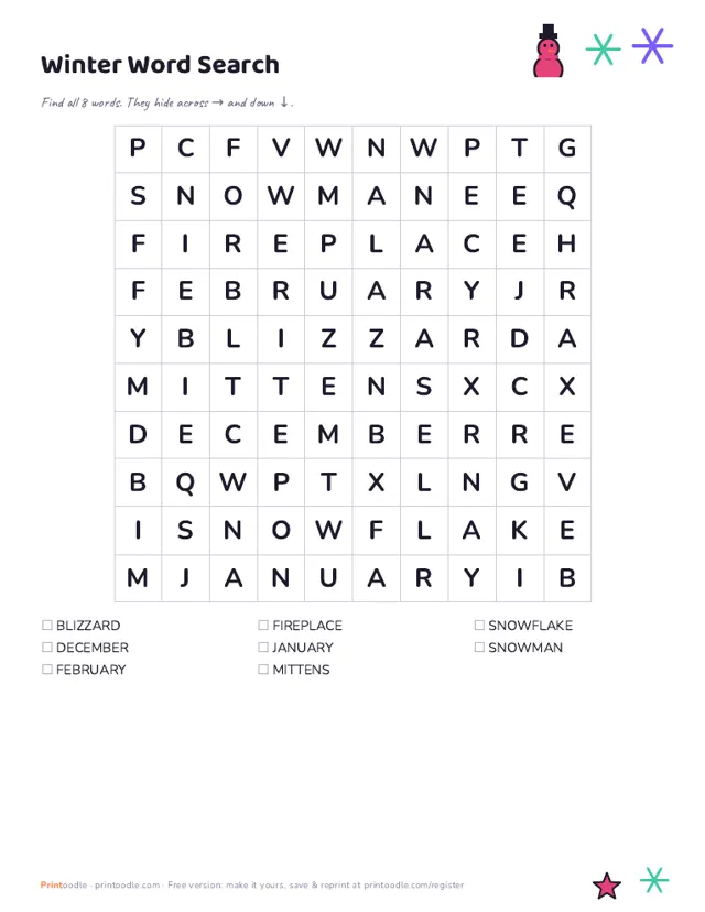 Winter Word Search sample page