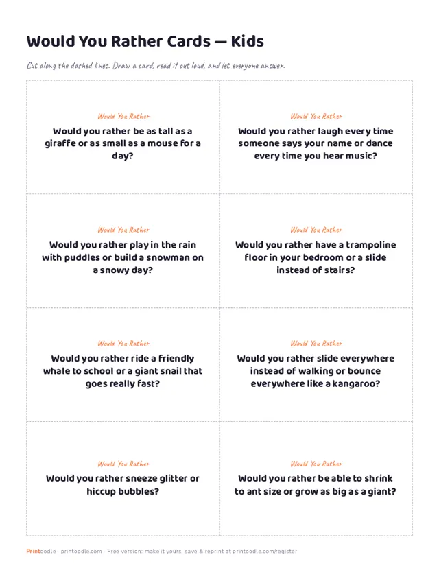Would You Rather Questions for Kids sample page