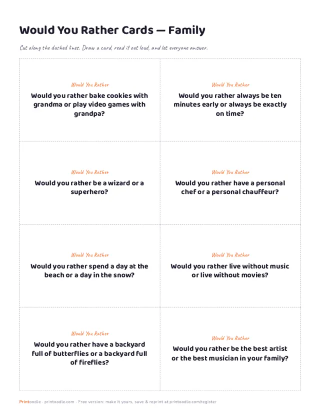 Would You Rather Questions printable sample